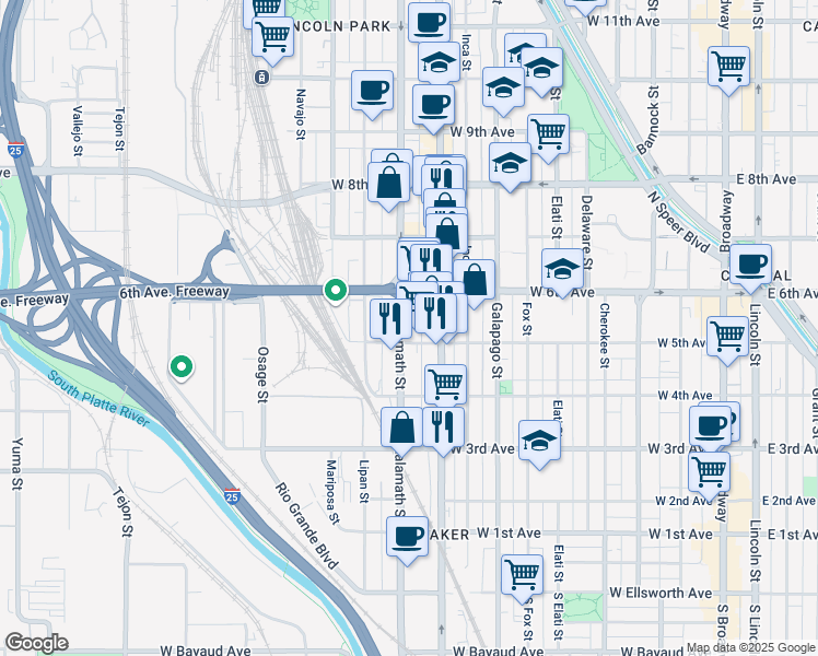 map of restaurants, bars, coffee shops, grocery stores, and more near 522 Kalamath Street in Denver