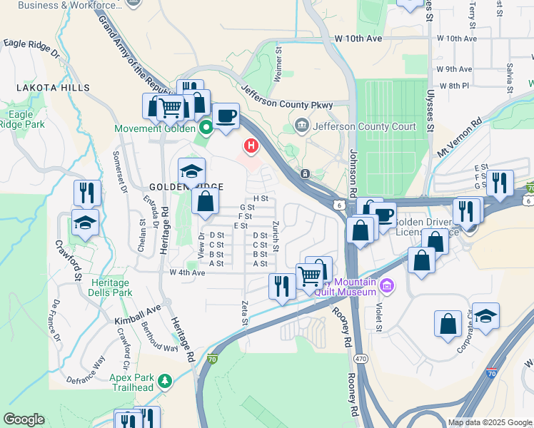 map of restaurants, bars, coffee shops, grocery stores, and more near 645 F Street in Golden