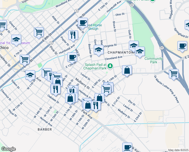 map of restaurants, bars, coffee shops, grocery stores, and more near 1718 Elm St in Chico