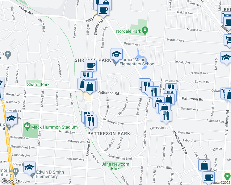 map of restaurants, bars, coffee shops, grocery stores, and more near 737 Patterson Road in Dayton