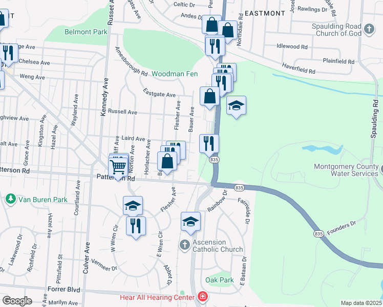 map of restaurants, bars, coffee shops, grocery stores, and more near 1634 Bauer Avenue in Kettering