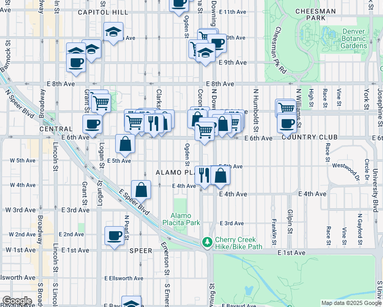 map of restaurants, bars, coffee shops, grocery stores, and more near 519 Corona Street in Denver