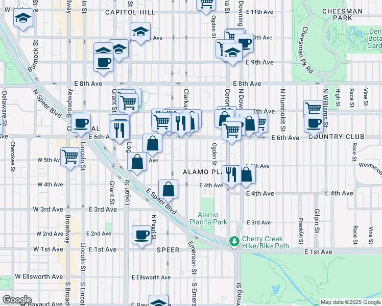 map of restaurants, bars, coffee shops, grocery stores, and more near 518 North Clarkson street in Denver