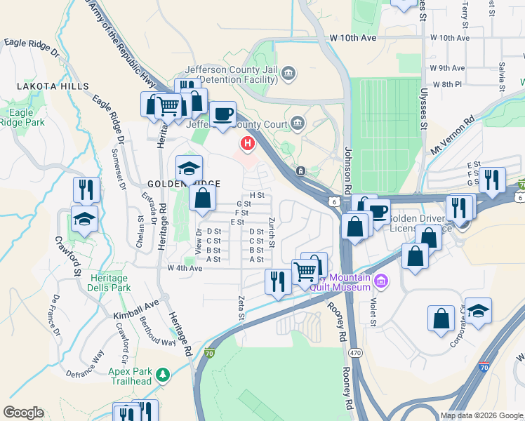 map of restaurants, bars, coffee shops, grocery stores, and more near 645 F Street in Golden