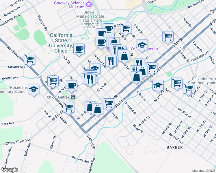 map of restaurants, bars, coffee shops, grocery stores, and more near 504 West 7th Street in Chico