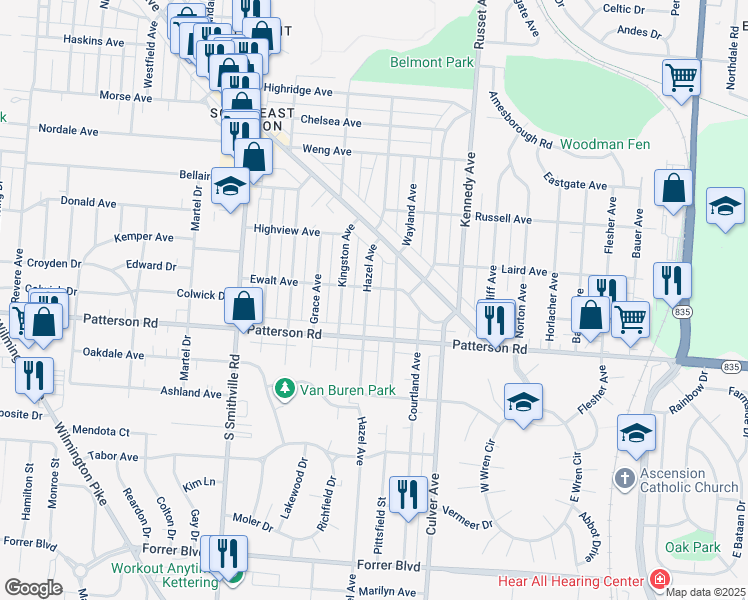 map of restaurants, bars, coffee shops, grocery stores, and more near 2919 Hazel Avenue in Dayton