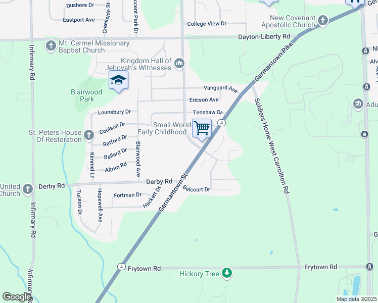 map of restaurants, bars, coffee shops, grocery stores, and more near 4527 Germantown Pike in Dayton