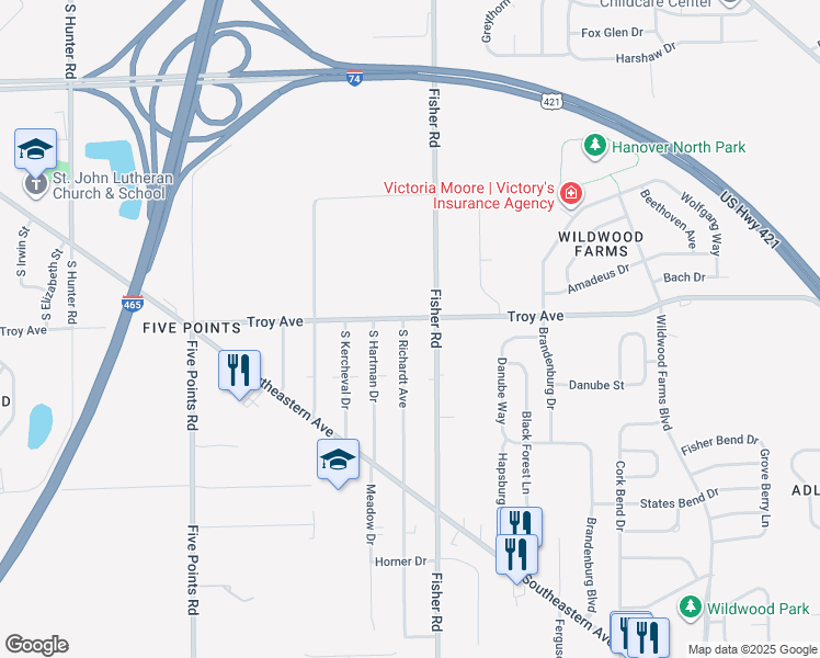 map of restaurants, bars, coffee shops, grocery stores, and more near 7425 East Troy Avenue in Indianapolis