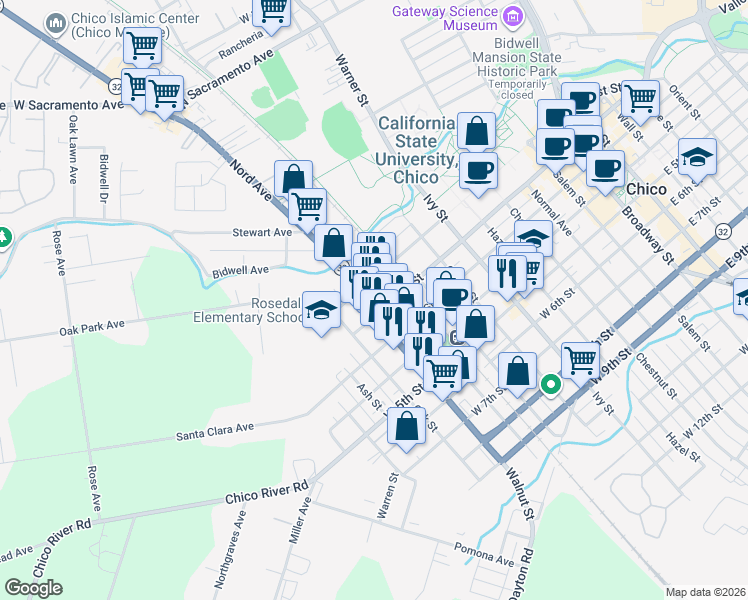 map of restaurants, bars, coffee shops, grocery stores, and more near 1032 West 2nd Street in Chico