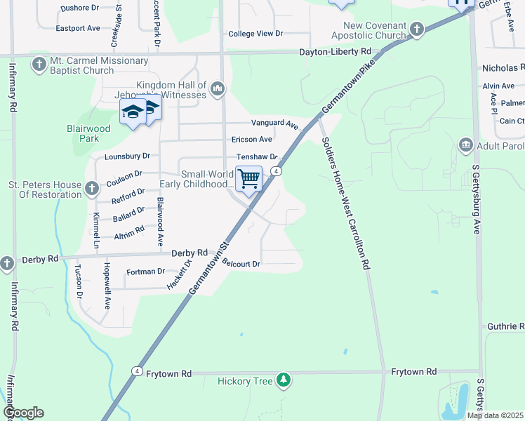 map of restaurants, bars, coffee shops, grocery stores, and more near 4618 Germantown Pike in Dayton