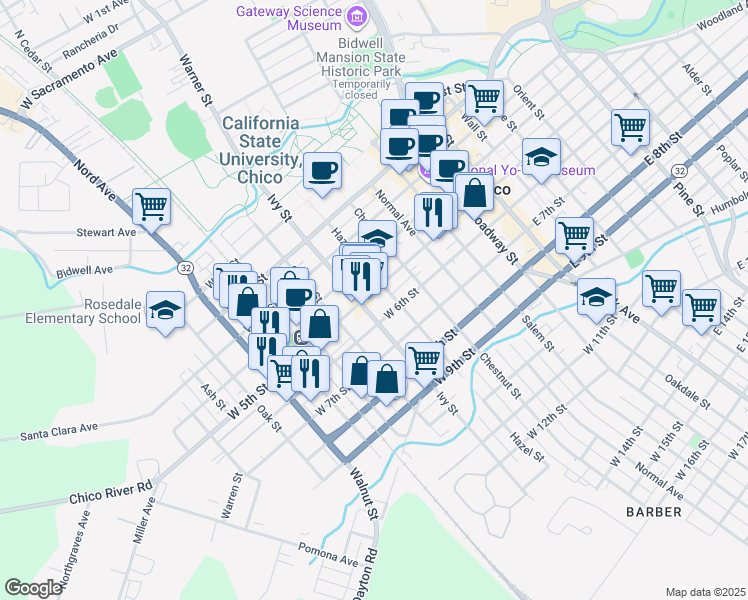 map of restaurants, bars, coffee shops, grocery stores, and more near 631 West 5th Street in Chico
