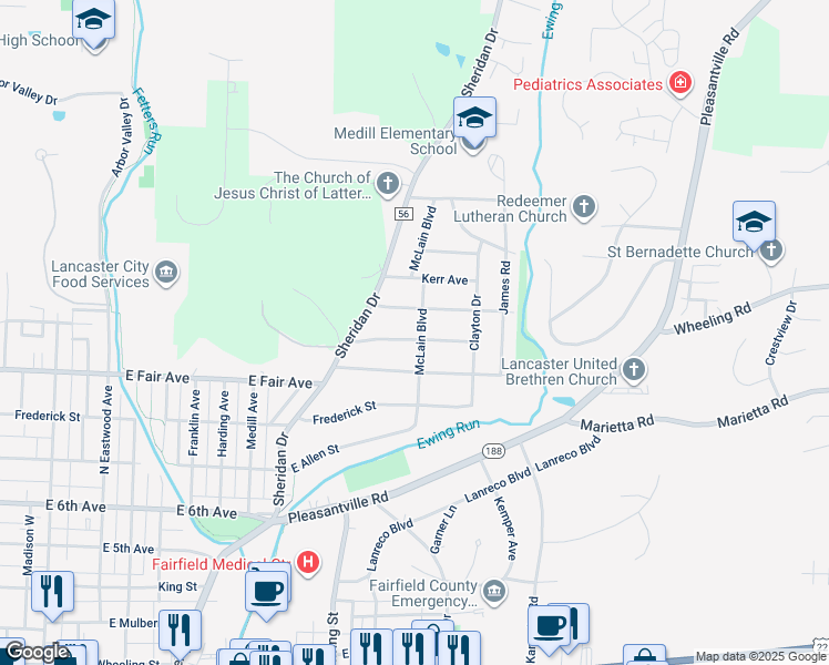 map of restaurants, bars, coffee shops, grocery stores, and more near 1295 Wetsell Avenue in Lancaster