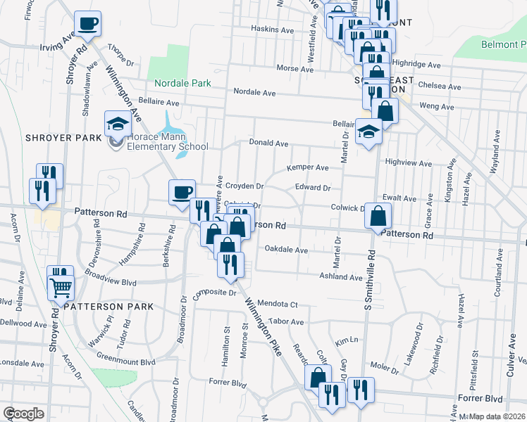 map of restaurants, bars, coffee shops, grocery stores, and more near 1100 Colwick Drive in Dayton