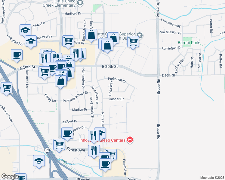 map of restaurants, bars, coffee shops, grocery stores, and more near 2 Comstock Road in Chico