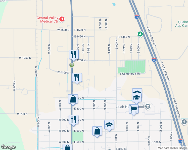 map of restaurants, bars, coffee shops, grocery stores, and more near East 1100 North in Nephi