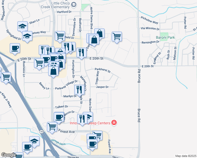 map of restaurants, bars, coffee shops, grocery stores, and more near 2 Comstock Road in Chico