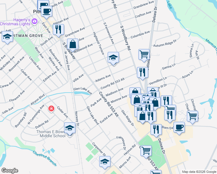 map of restaurants, bars, coffee shops, grocery stores, and more near 41 Jefferson Avenue in Pitman