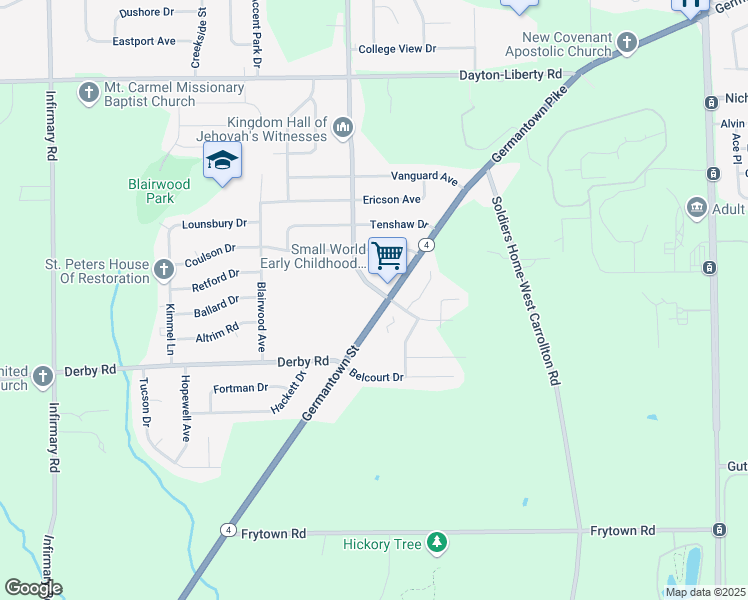 map of restaurants, bars, coffee shops, grocery stores, and more near 4527 Germantown Pike in Dayton