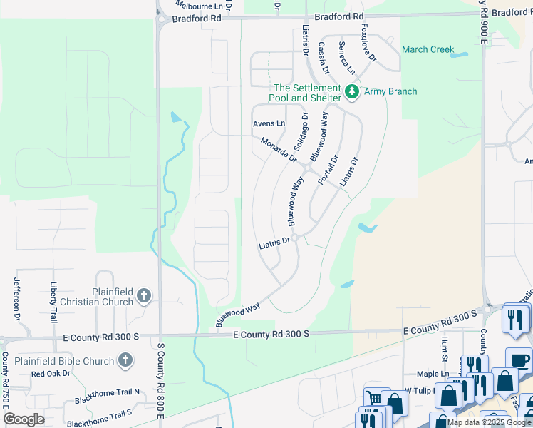 map of restaurants, bars, coffee shops, grocery stores, and more near 2638 Solidago Drive in Plainfield