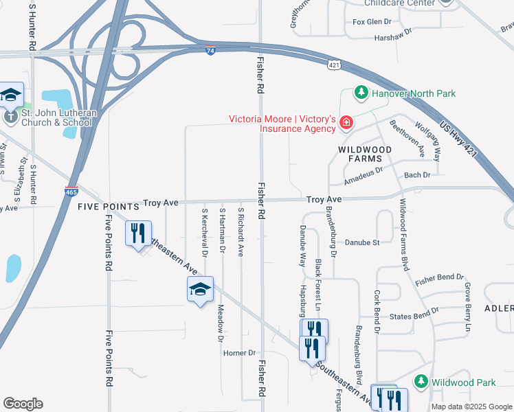 map of restaurants, bars, coffee shops, grocery stores, and more near 7425 East Troy Avenue in Indianapolis