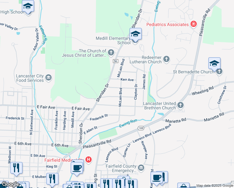 map of restaurants, bars, coffee shops, grocery stores, and more near 1295 Wetsell Avenue in Lancaster