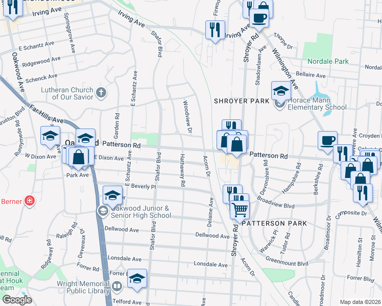 map of restaurants, bars, coffee shops, grocery stores, and more near 318 Patterson Road in Dayton