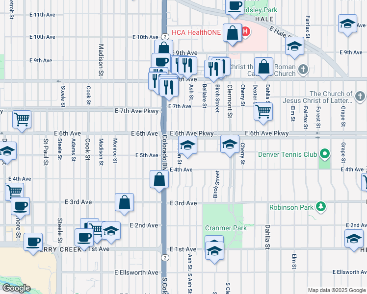 map of restaurants, bars, coffee shops, grocery stores, and more near 501 Ash Street in Denver