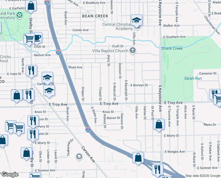 map of restaurants, bars, coffee shops, grocery stores, and more near 2906 Dietz Street in Indianapolis