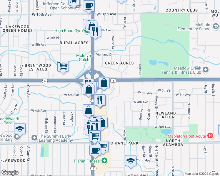 map of restaurants, bars, coffee shops, grocery stores, and more near 550 Webster Street in Lakewood