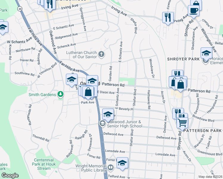 map of restaurants, bars, coffee shops, grocery stores, and more near 63 East Dixon Avenue in Dayton