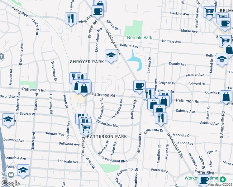 map of restaurants, bars, coffee shops, grocery stores, and more near 801 Patterson Road in Dayton