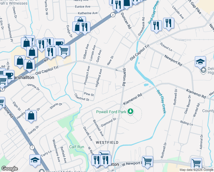 map of restaurants, bars, coffee shops, grocery stores, and more near 21 Overlook Avenue in Wilmington