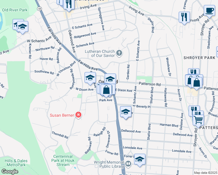 map of restaurants, bars, coffee shops, grocery stores, and more near 719 Far Hills Avenue in Dayton
