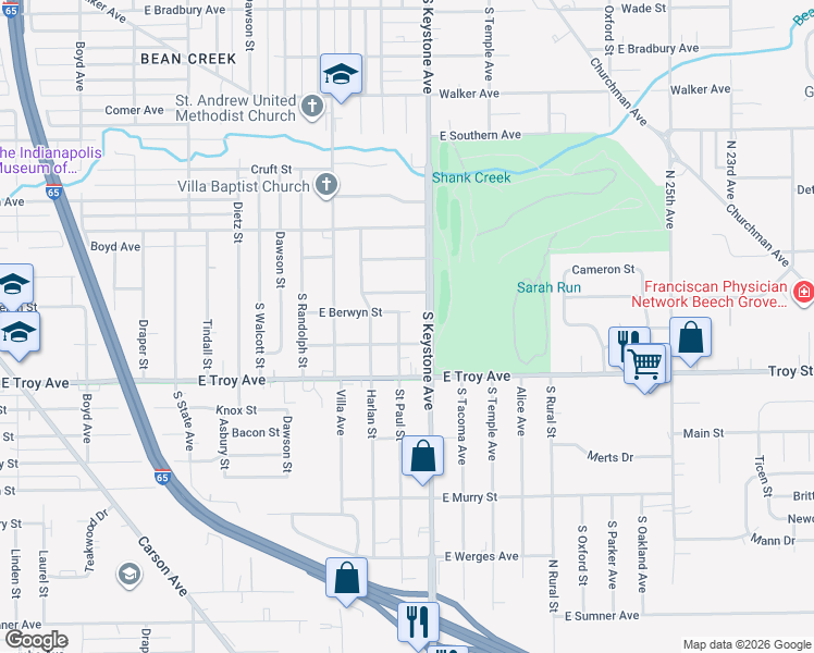 map of restaurants, bars, coffee shops, grocery stores, and more near 2911 Saint Paul Street in Indianapolis