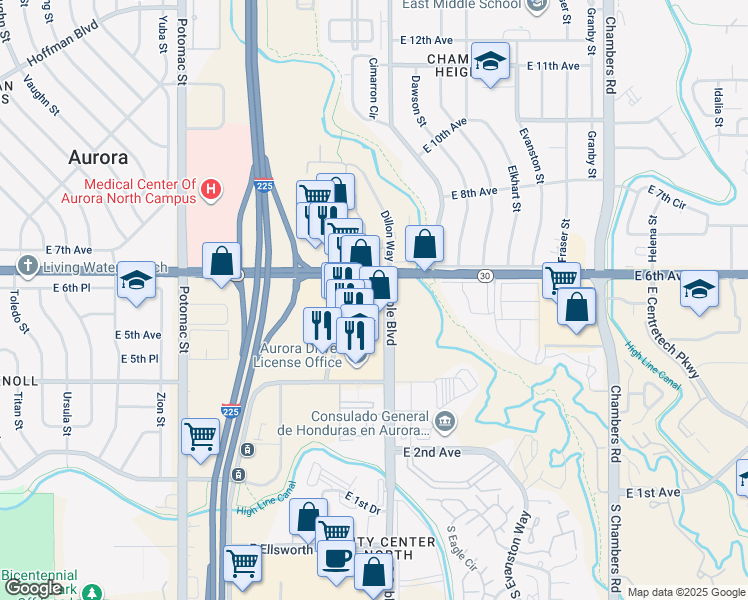 map of restaurants, bars, coffee shops, grocery stores, and more near 571 Sable Boulevard in Aurora