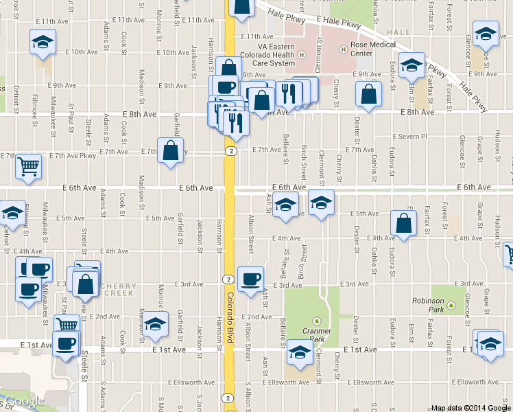 map of restaurants, bars, coffee shops, grocery stores, and more near 501 Ash Street in Denver