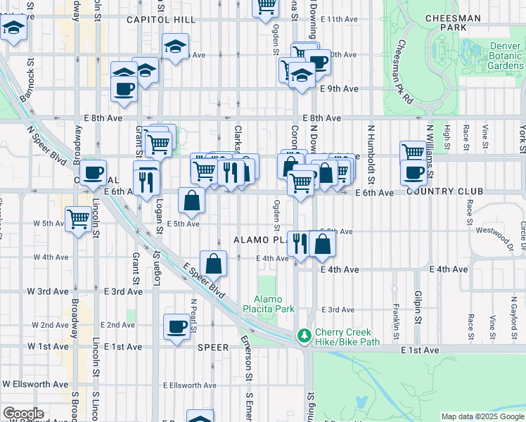 map of restaurants, bars, coffee shops, grocery stores, and more near 520 Emerson Street in Denver