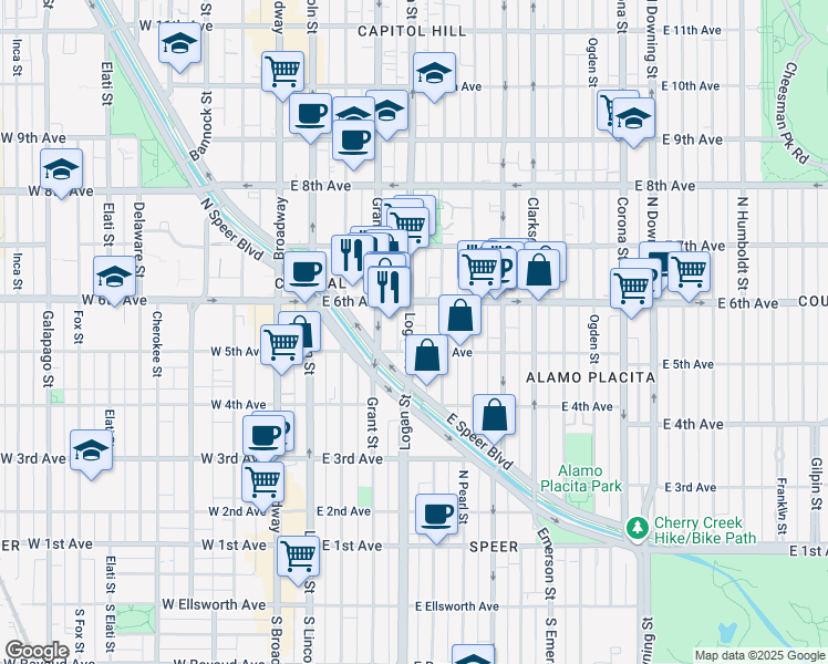 map of restaurants, bars, coffee shops, grocery stores, and more near 520 Logan Street in Denver