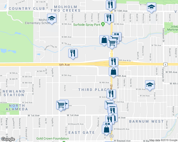 map of restaurants, bars, coffee shops, grocery stores, and more near 5435 West 5th Avenue in Lakewood