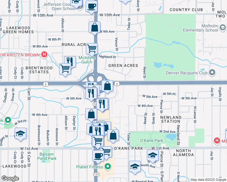 map of restaurants, bars, coffee shops, grocery stores, and more near 7475 West 5th Avenue in Lakewood