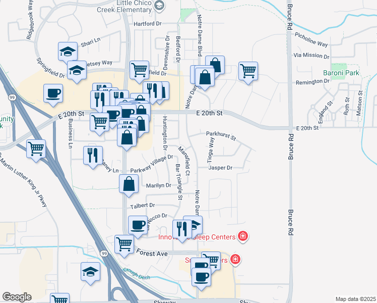 map of restaurants, bars, coffee shops, grocery stores, and more near 2140 Notre Dame Boulevard in Chico
