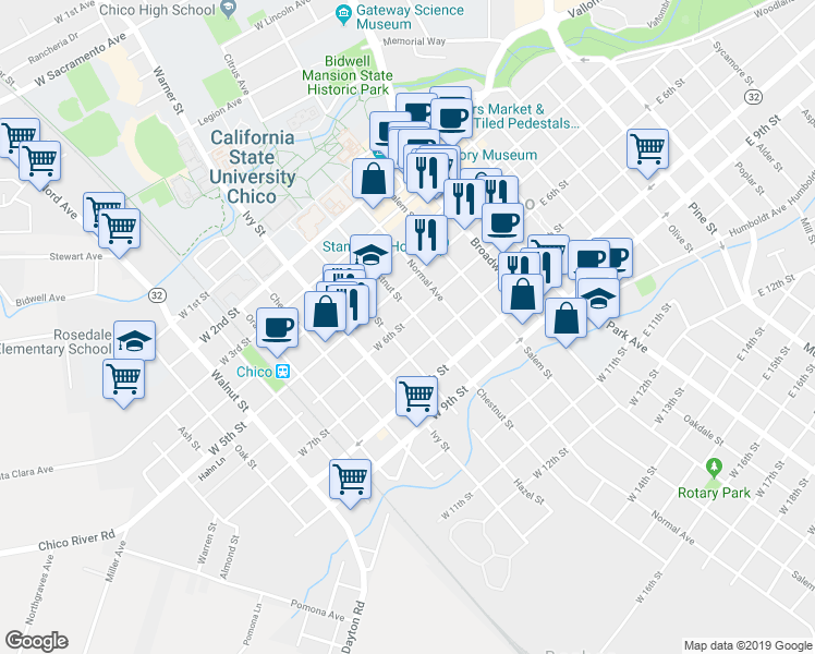 map of restaurants, bars, coffee shops, grocery stores, and more near 504 West 7th Street in Chico