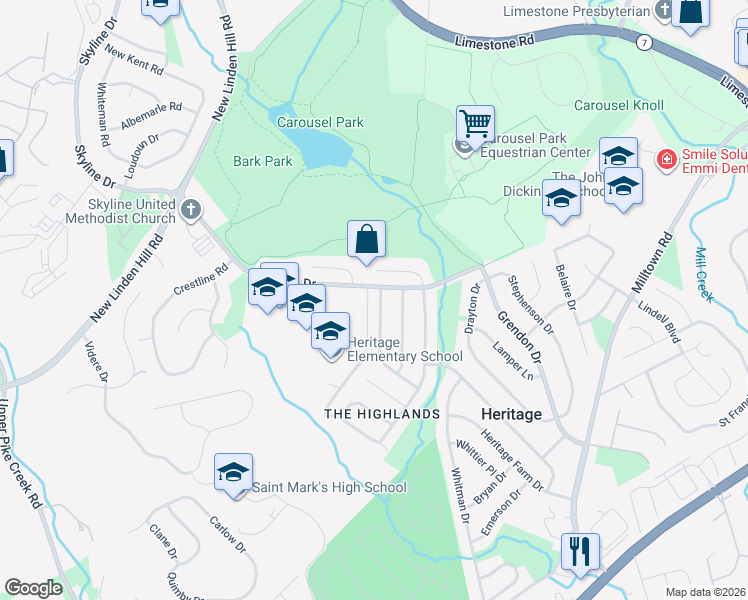 map of restaurants, bars, coffee shops, grocery stores, and more near 2734 Barnsley Road in Wilmington