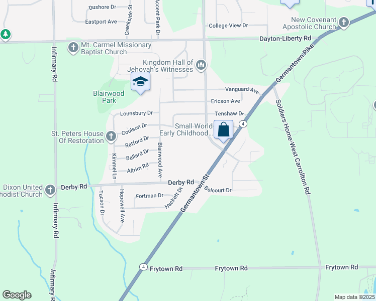 map of restaurants, bars, coffee shops, grocery stores, and more near 1453 Liscum Drive in Dayton