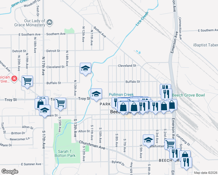 map of restaurants, bars, coffee shops, grocery stores, and more near 166 North 9th Avenue in Beech Grove