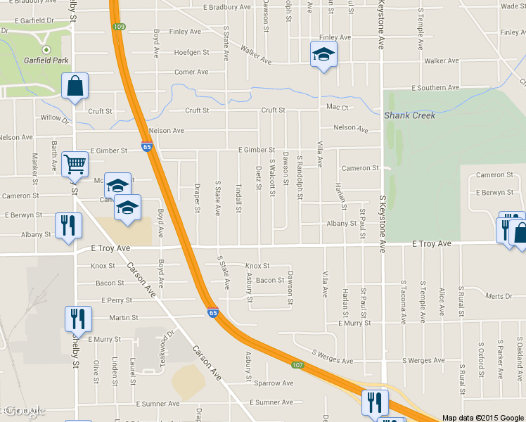 map of restaurants, bars, coffee shops, grocery stores, and more near 2906 Dietz Street in Indianapolis