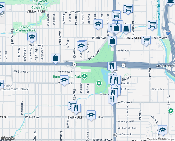 map of restaurants, bars, coffee shops, grocery stores, and more near 3301 West 5th Avenue in Denver