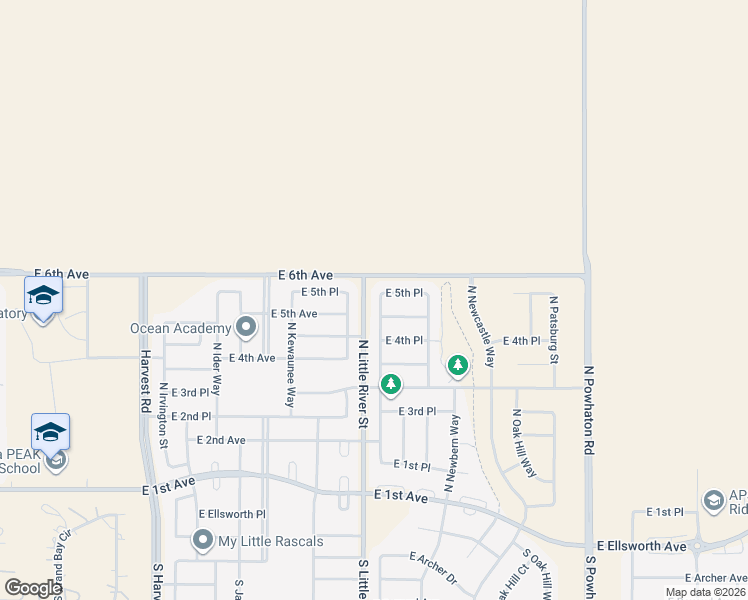 map of restaurants, bars, coffee shops, grocery stores, and more near 520 North Langdale Way in Aurora