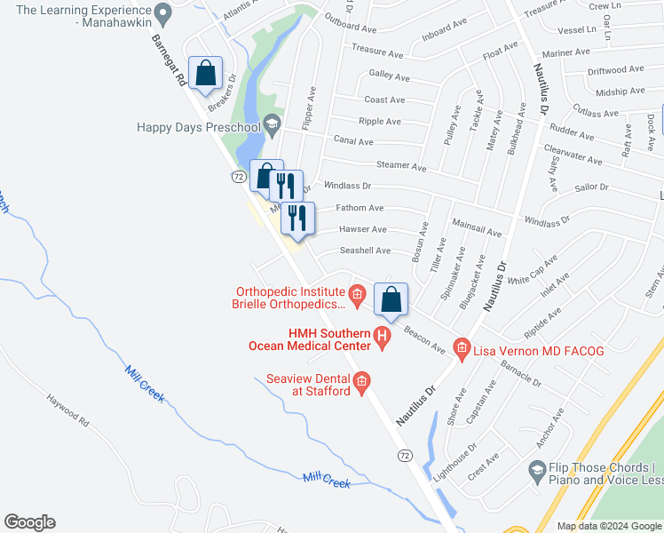 map of restaurants, bars, coffee shops, grocery stores, and more near 1198 Barnacle Drive in Stafford Township