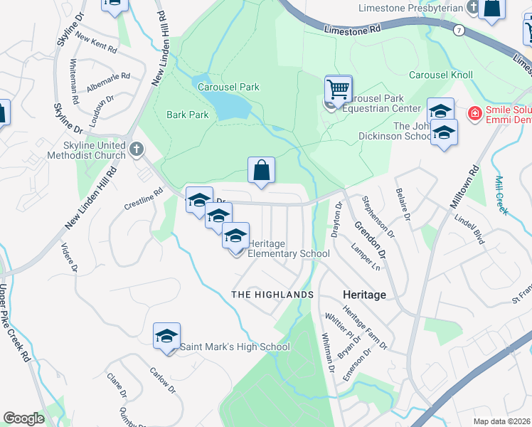 map of restaurants, bars, coffee shops, grocery stores, and more near 2734 Barnsley Road in Wilmington